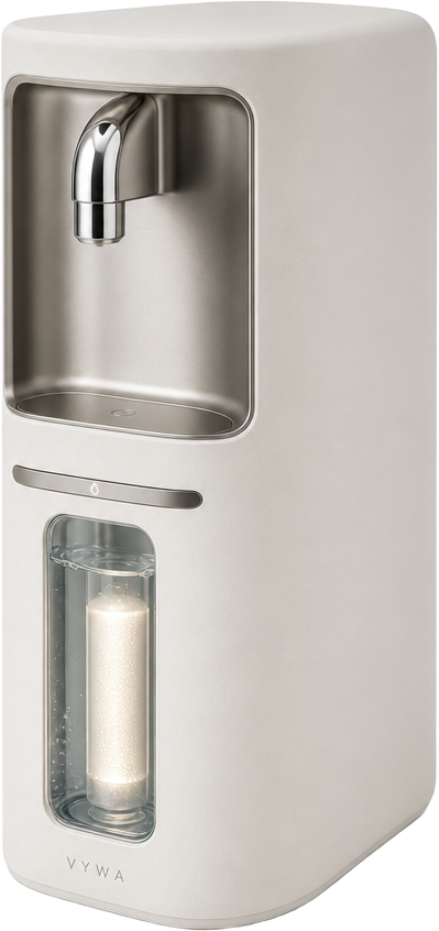 VYWA Station Mini countertop refill unit in matte off-white with glass window
