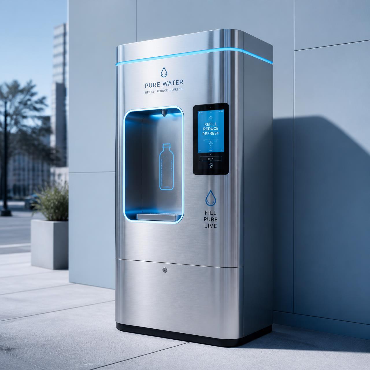 VYWA Smart Station self-service water refill kiosk on a city sidewalk